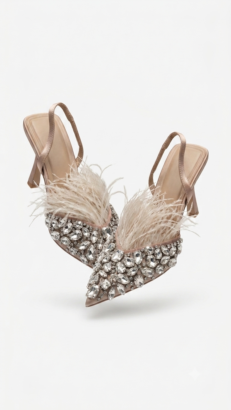 [THESE SHOES WERE MADE FOR WALKING] Nude crystal Ostrich feather kitten heels